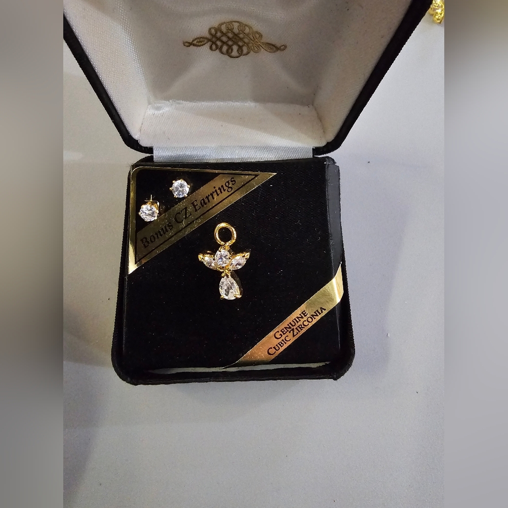 Elegant Gold Angel Pendant and Earring Set